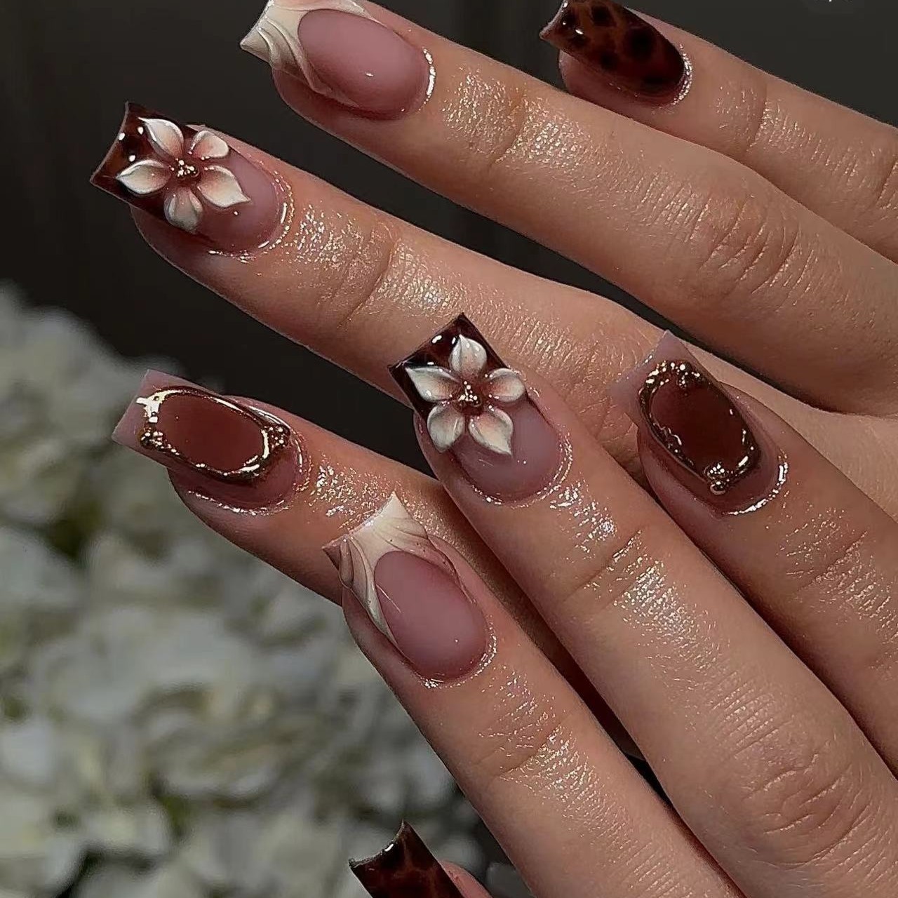 3D Printing Nails - 여성용 짧은 사각형 가짜 손톱, 갈색
