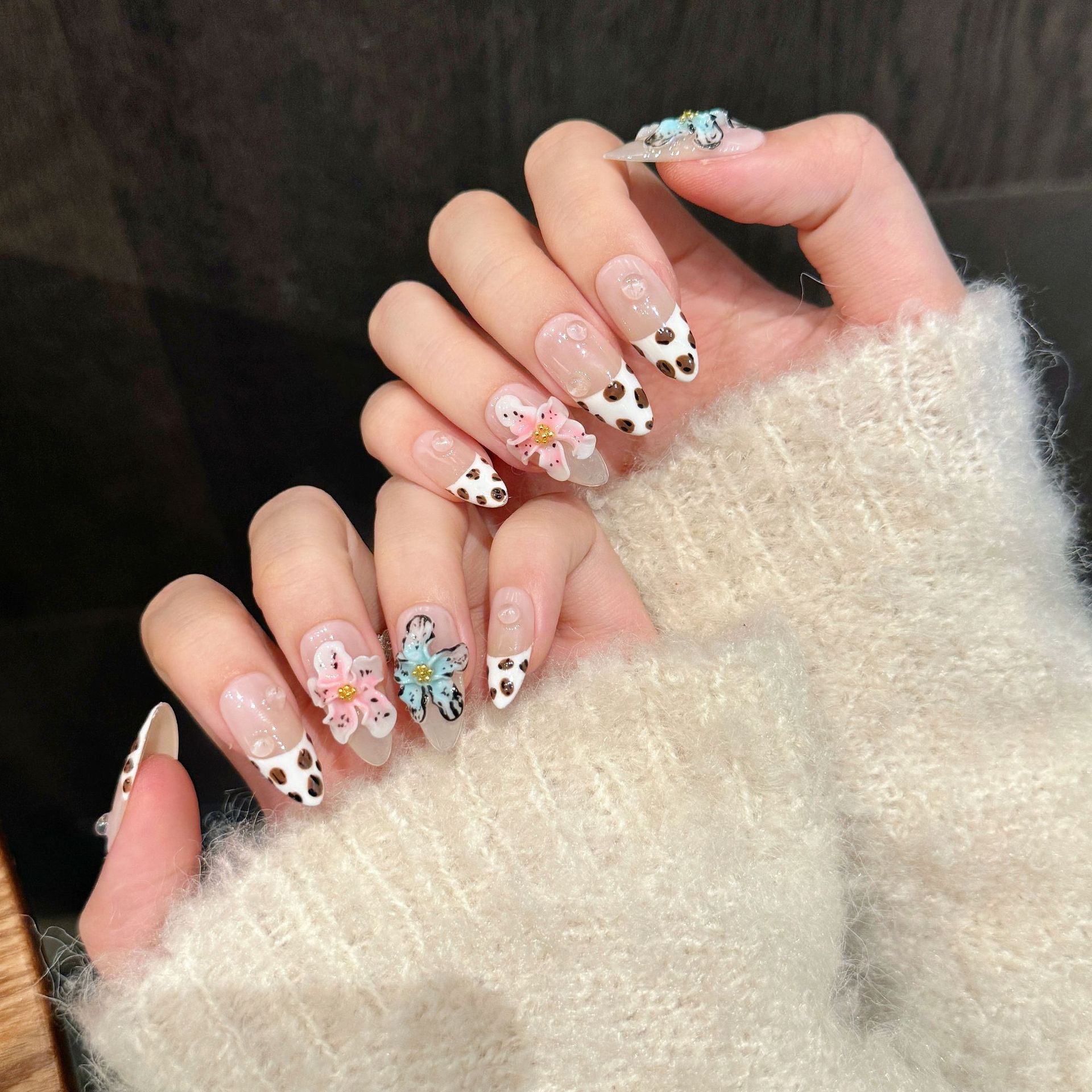 광택 아몬드 수제 가짜 손톱 레오파드 무늬, 프랑스 3 - 3D Printing Nails 리뷰 및 가격