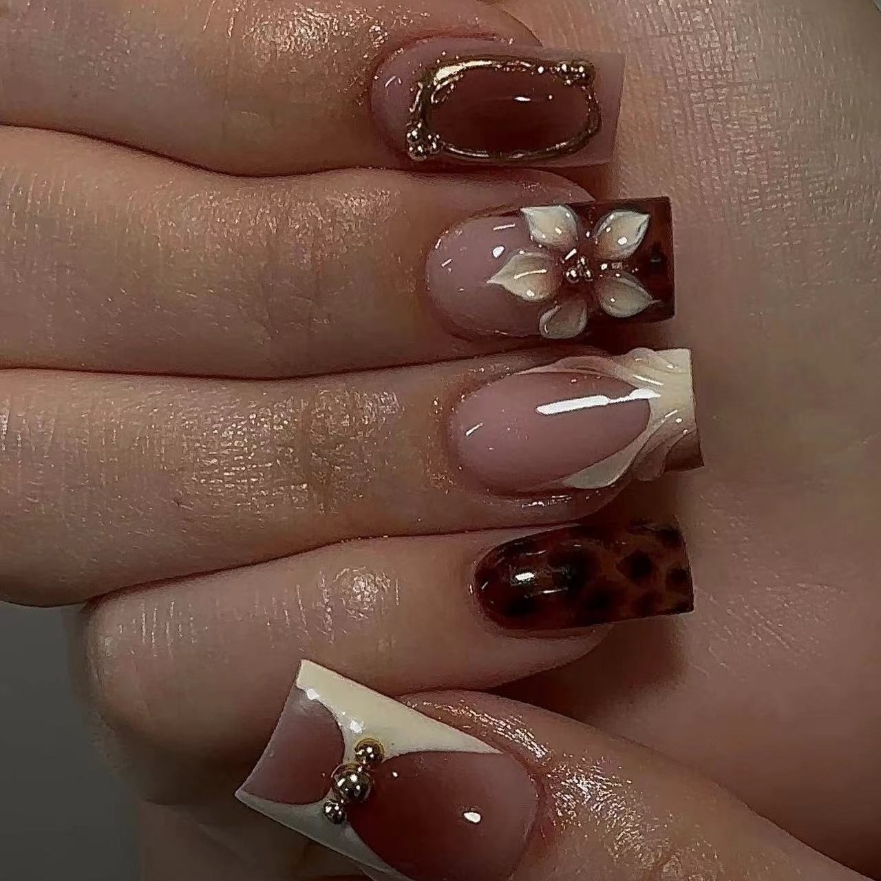 여성용 짧은 사각형 가짜 손톱, 갈색 레오파드 프린트와 - 3D Printing Nails 리뷰 및 가격